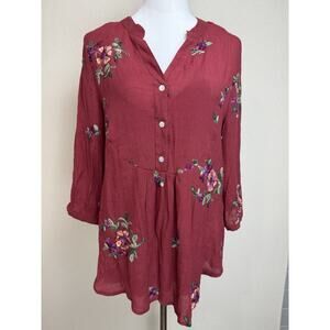 Figueroa & Flower Anthropologie Top Tunic Sz L Womens Maroon Boho Blouse Peasant